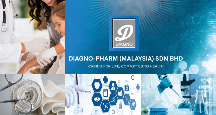 DIAGNO-PHARM company collage — doctor with child patient, bandage roll, medical icons grid, and laboratory pipette work